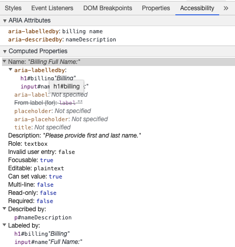 Chrome 开发者工具正在根�� aria-labelledby 和 aria-describedby 展示 input 的无障碍访问名和无障碍访问描述信息