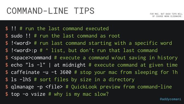 macOS 命令行小贴士：!! 重复上条、sudo !! 提权重跑、!word 带前缀重跑、空格开头不进历史、at 定时执行、caffeinate 阻止休眠等